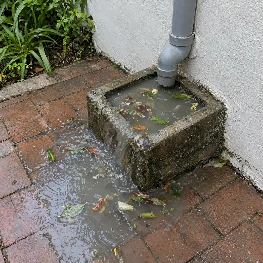 An outside drain gully overflowing with leaves and dirty water