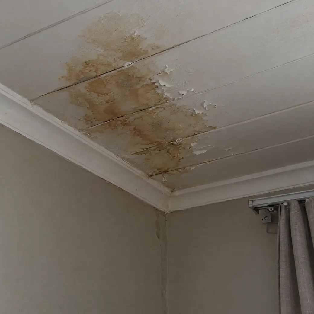 Water dripping through a stained ceiling in a passage, the usual sign of a burst geyser in the roof